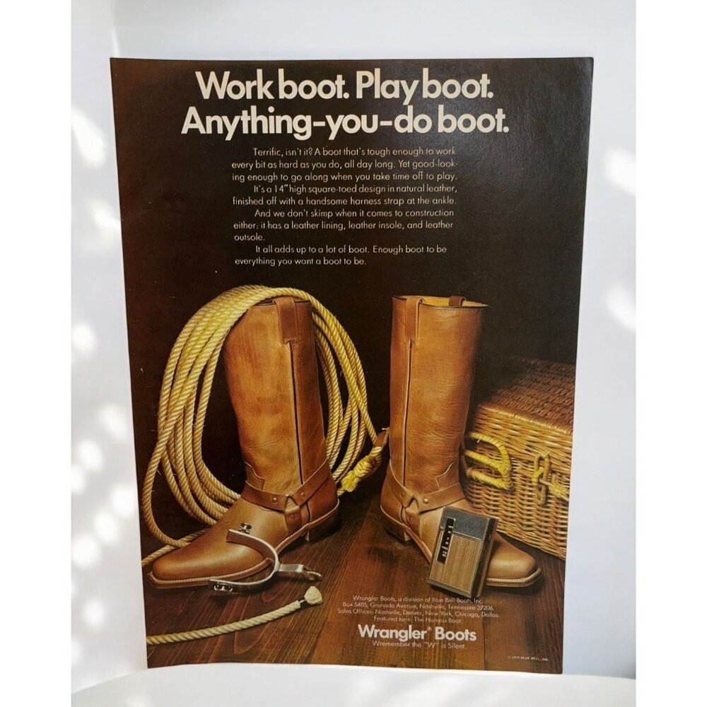 Wrangler Boots Vintage Print Ad 1970s Western Cowboy Style Harness Boot
